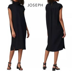 Joseph Flore Black Mock Neck Cap Sleeve Crepe Shift Dress 34 XS Minimalist Boho
